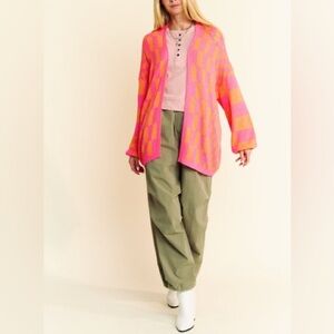 Davi & Dani Two Toned Mixed Checkered Open Front Cardigan Pink Orange Sz 2XL